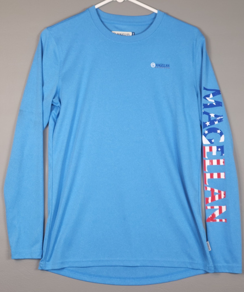 Magellan Outdoors Fish Gear Long Sleeve Shirt XS Boyfriend Fit Moisture USA Flag