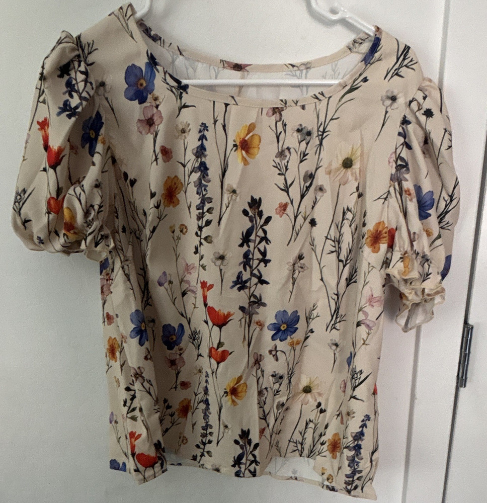 Women’s Beige Multicolor Floral Round Neck Short Sleeve Puff Pullover Blouse XL