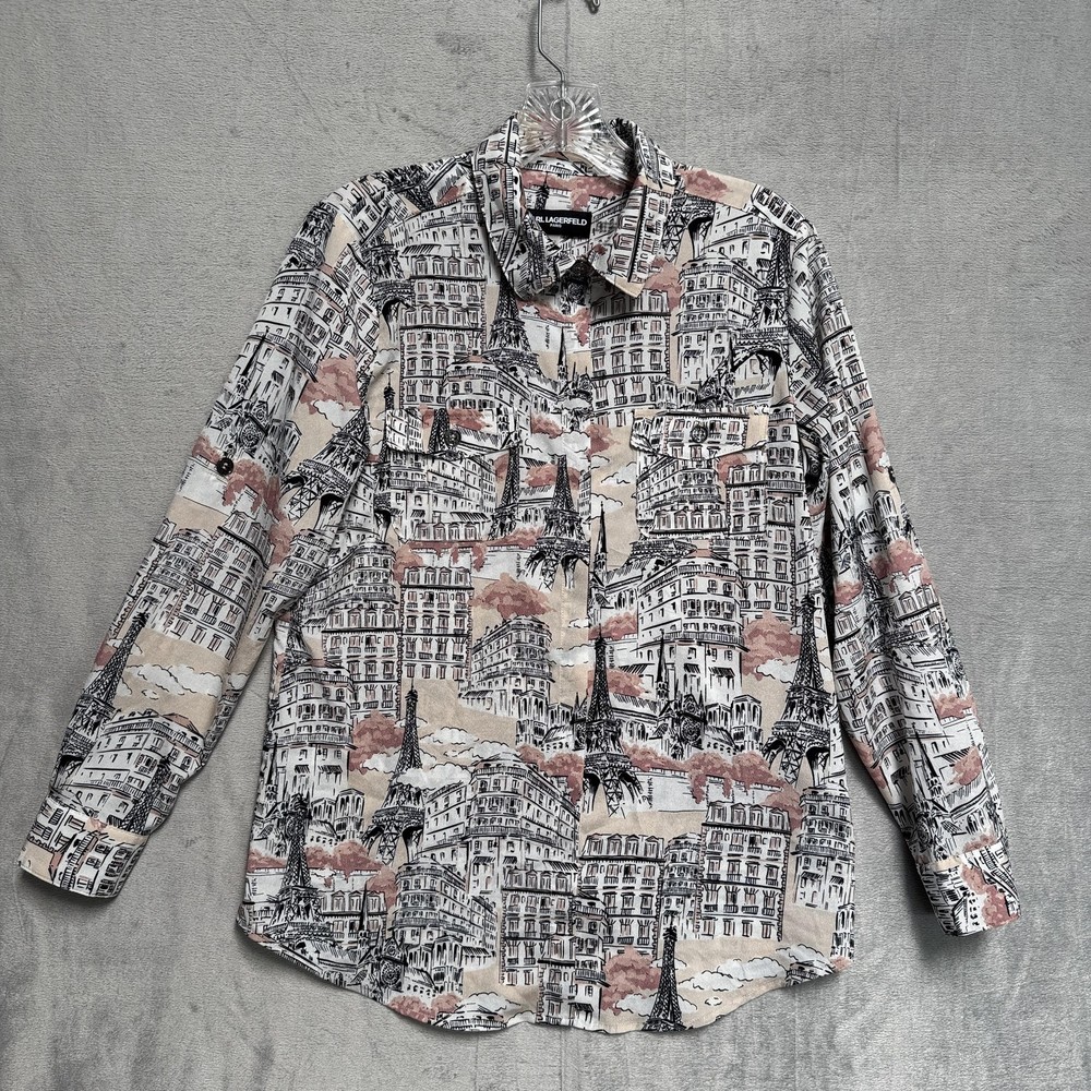 Karl Lagerfeld Paris Shirt Womens XS Beige Eiffel Tower Print Button Front City