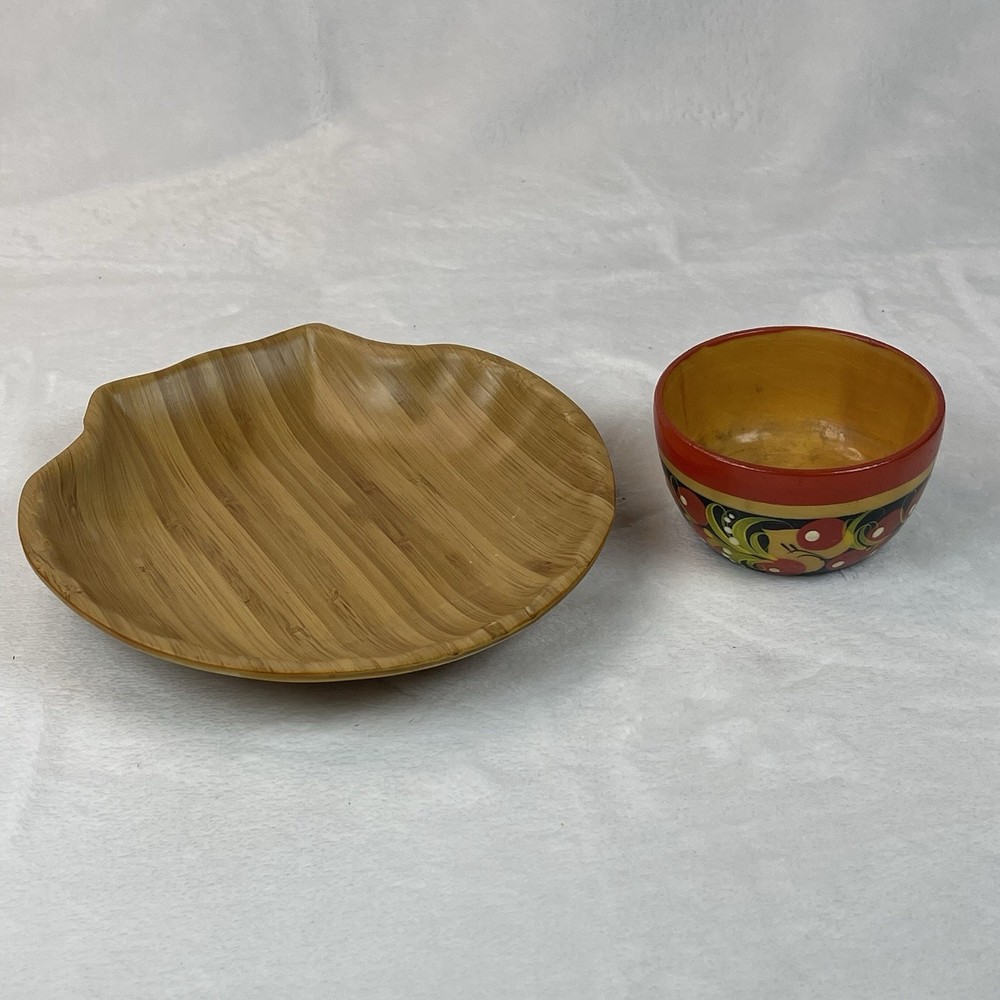 Painted Wood Trinket Bowl & Bamboo Shell Tray Set – Small Decorative Dishes