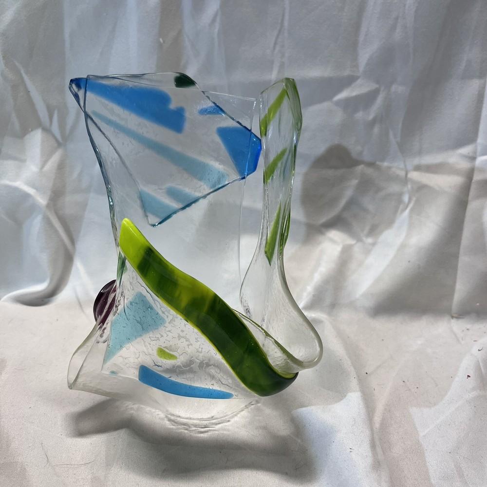 Handcrafted Signed Abstract Fused Glass Tea Light Holder-image