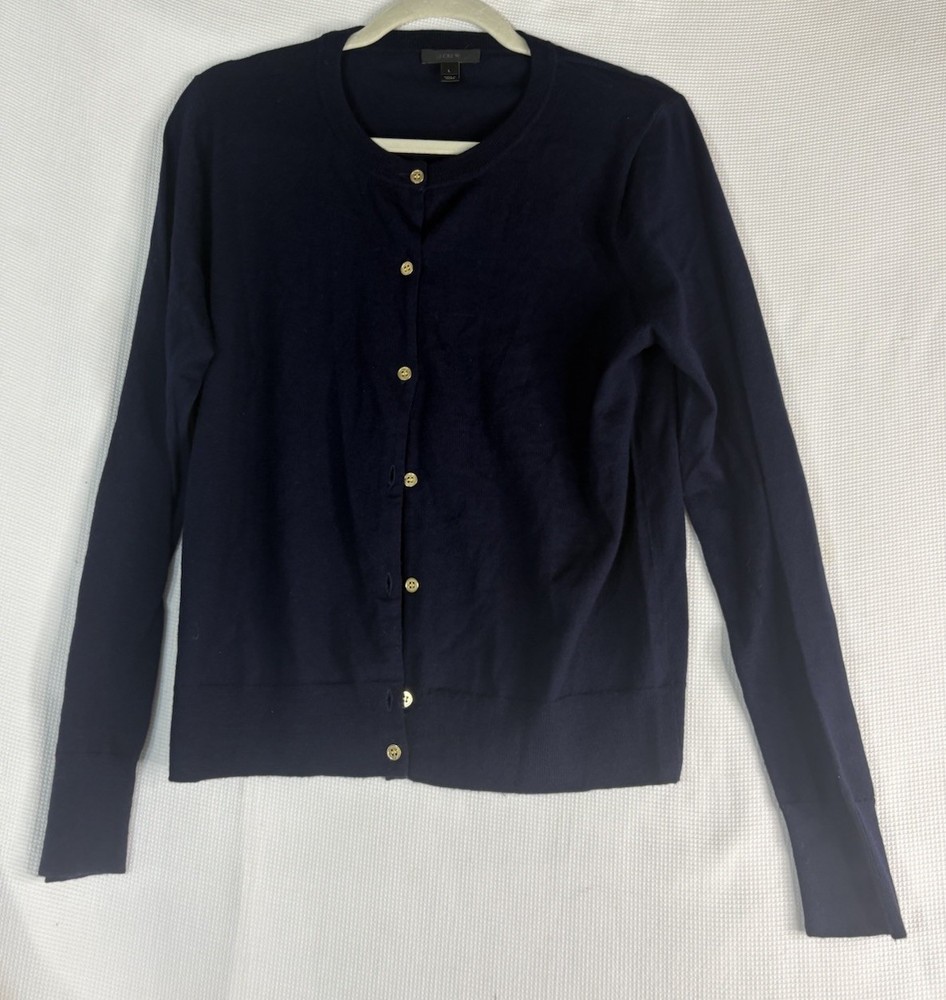 J.Crew 100% Merino Wool Cardigan Sweater Blue Gold Button Front Size Large