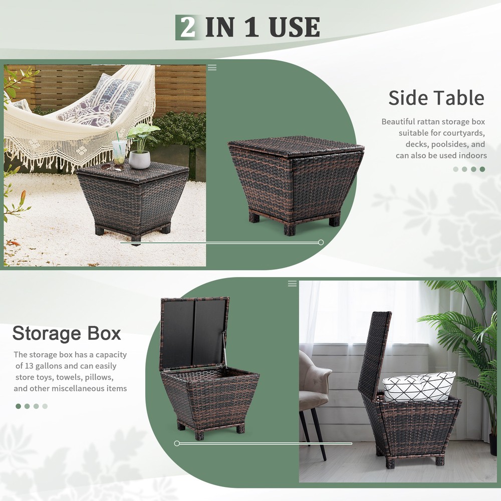 Outdoor PE Wicker Storage Side Table Small Patio Container for Hose Cushions
