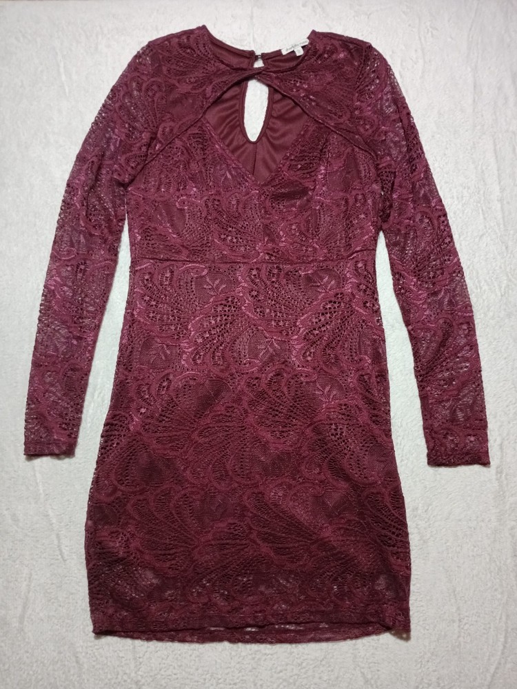 Charlotte Russe Burgundy Lace Bodycon Dress Long Sleeve Keyhole L Women
