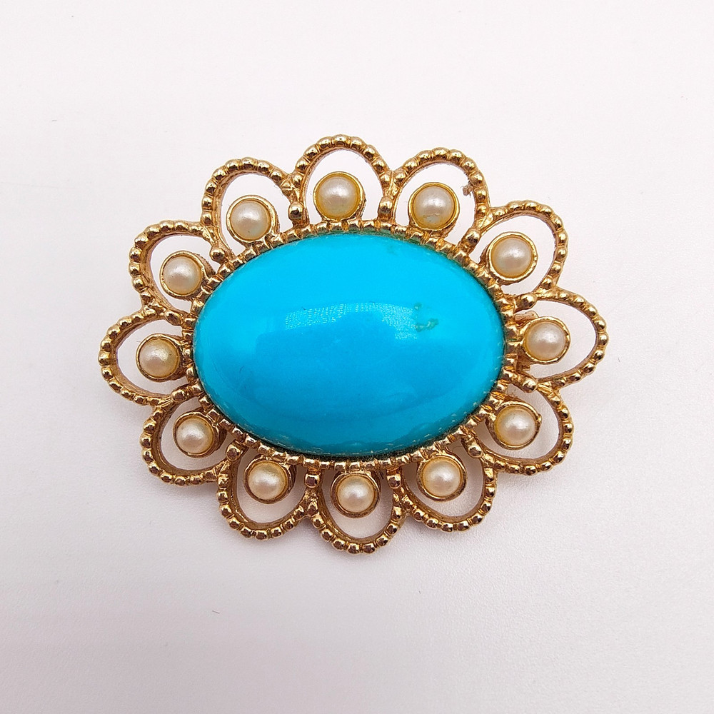 Vintage Sarah Coventry Brooch Gold Tone Faux Turquoise & Pearl Signed Maximalist