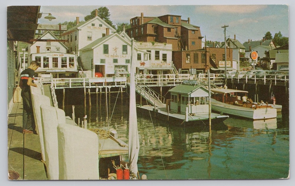 Boothbay Harbor Maine Waterfront Plastichrome Postcard 1950s Vintage
