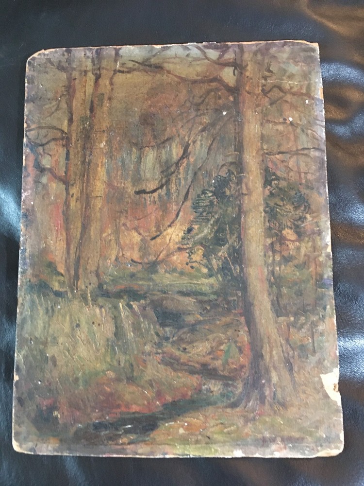 1920s Oil on Board Painting of Wooded Landscape Signed