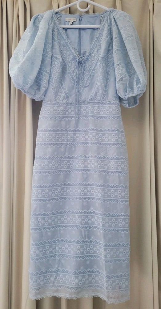ML Monique LHillier light blue dress embroided size 8 women puff sleeve zipper