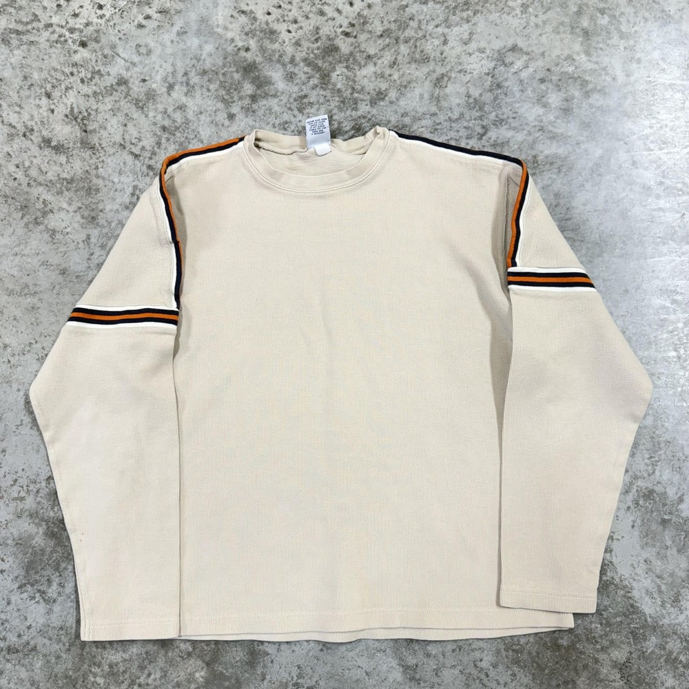 Old Navy Shirt Mens Medium Beige Waffle Thermal Long Sleeve Stripe Crewneck Y2k