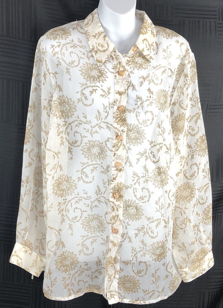 Alfred Dunner sheer chiffon top 16W Wht Tan Floral LongSleeve Collar OverShirt