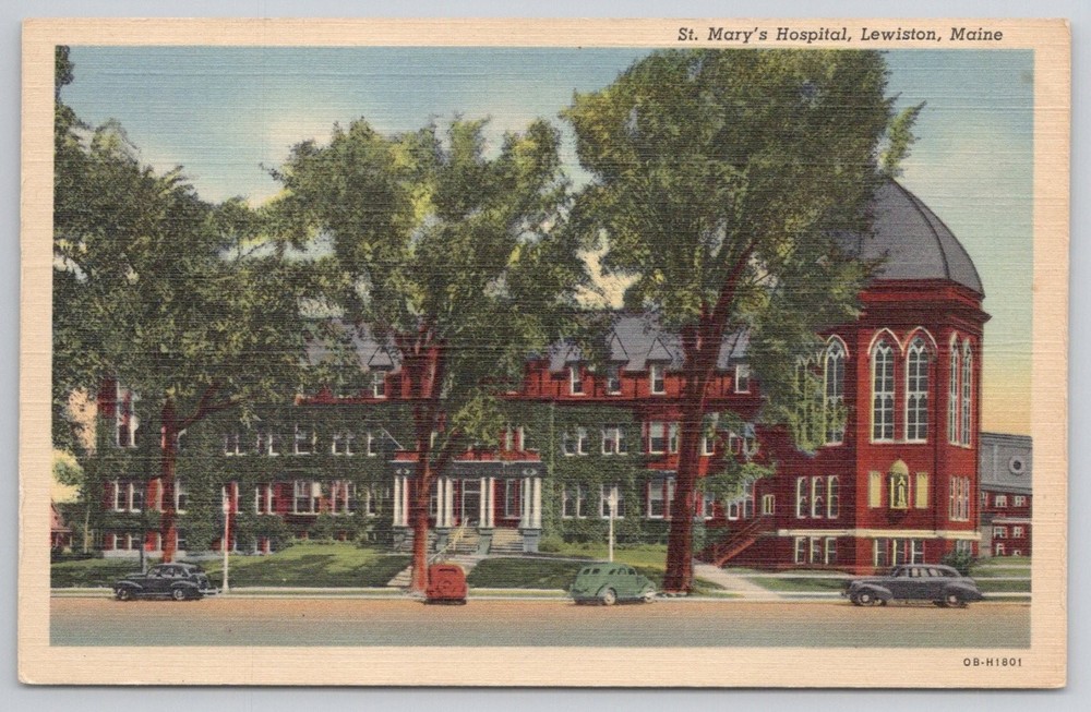 St. Mary's Hospital Lewiston Maine Vintage Linen Postcard Curteich 1940s Cars