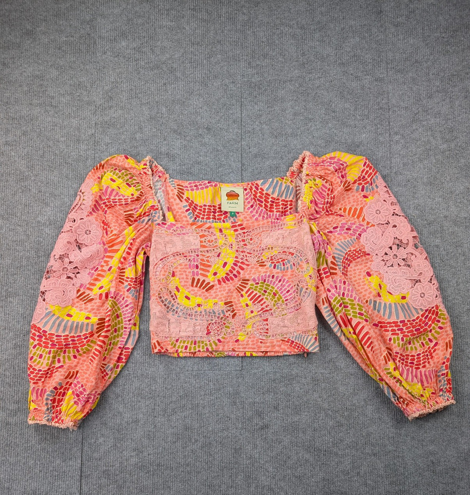 Farm Rio Dotted Bananas Blouse Womens Small Coastal Resort Boho Embroidered Lace