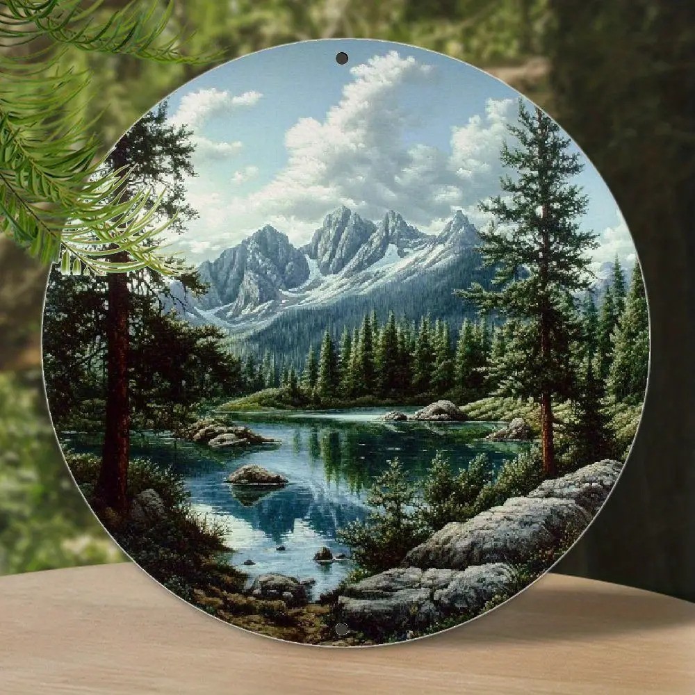 Vintage Landscape Painting Round Aluminum Sign Wall Decoration