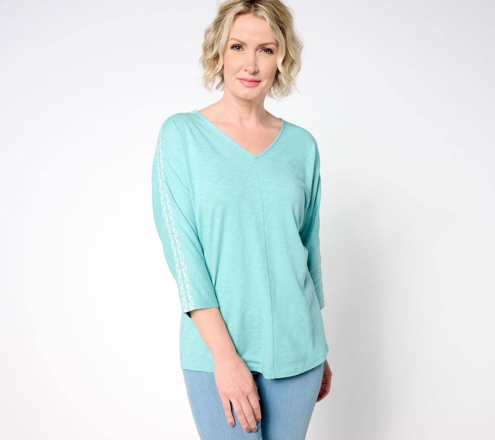 Denim & Co. Women's Top Sz M Slub Jersey Dolman Sleeve w/ Blue A654062