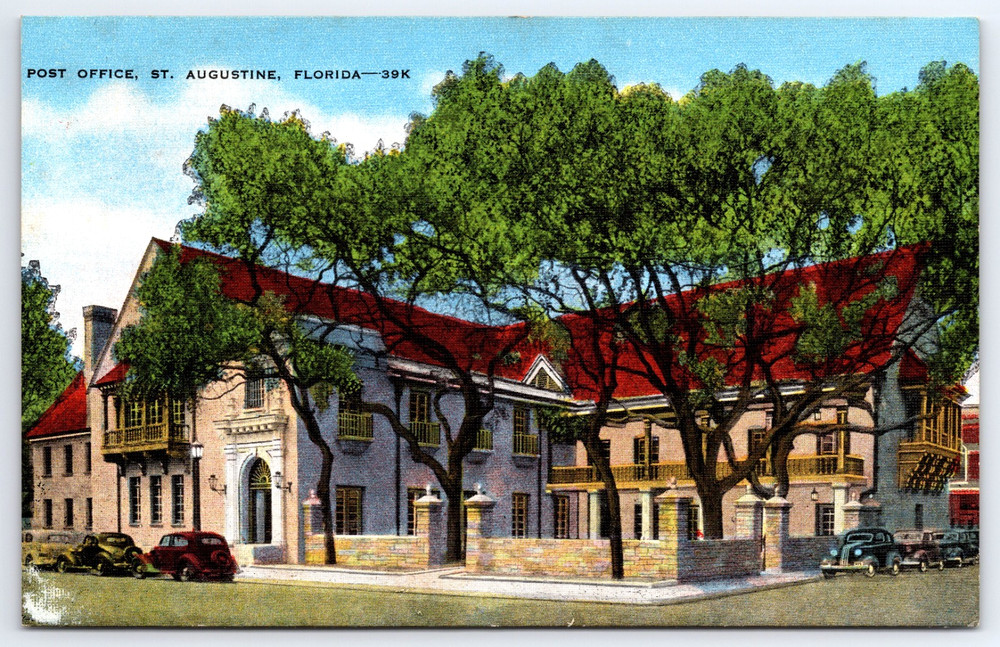 St. Augustine Florida United States Post Office Building Cars Vintage Postcard