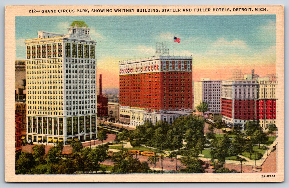 Postcard Grand Circus Park Whitney Building Statler Tuller Hotel Detroit Mich