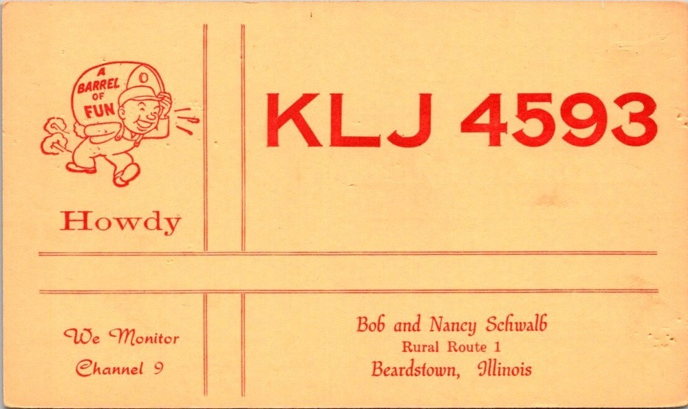 1960s Barrel of Fun Schwalb Beardtown Illinois Vintage CB Ham Radio QSL Postcard