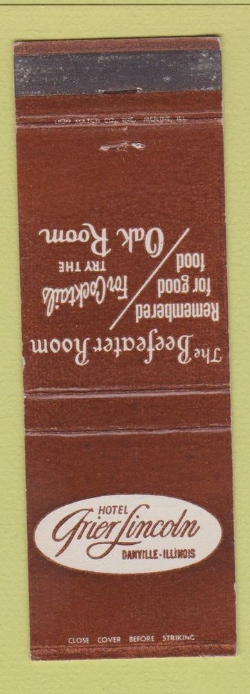 Vintage Matchbook Cover from Hotel Grier in Danville IL