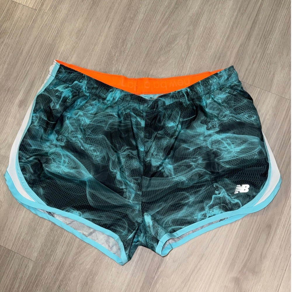 New Balance Womens Running Shorts Teal Smoke Print Orange Trim Athletic Size L