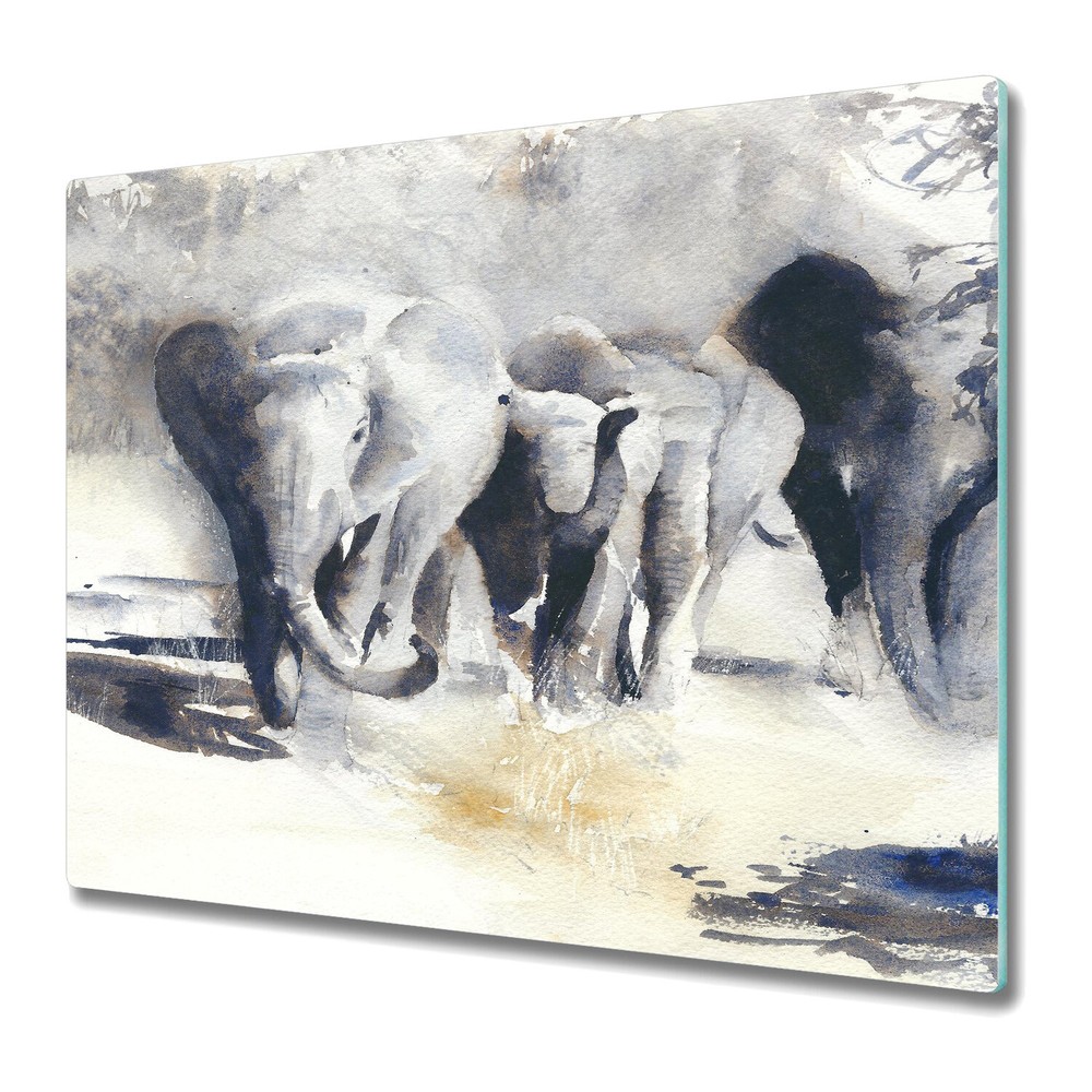 Glass Induction Ceramic Hob Cover African Safari Elephants Watercolour 60x52