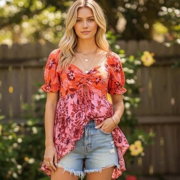 Free People La Bamba Babydoll Tunic Top Hawaiian Sunset Smocked Boho Peasant M