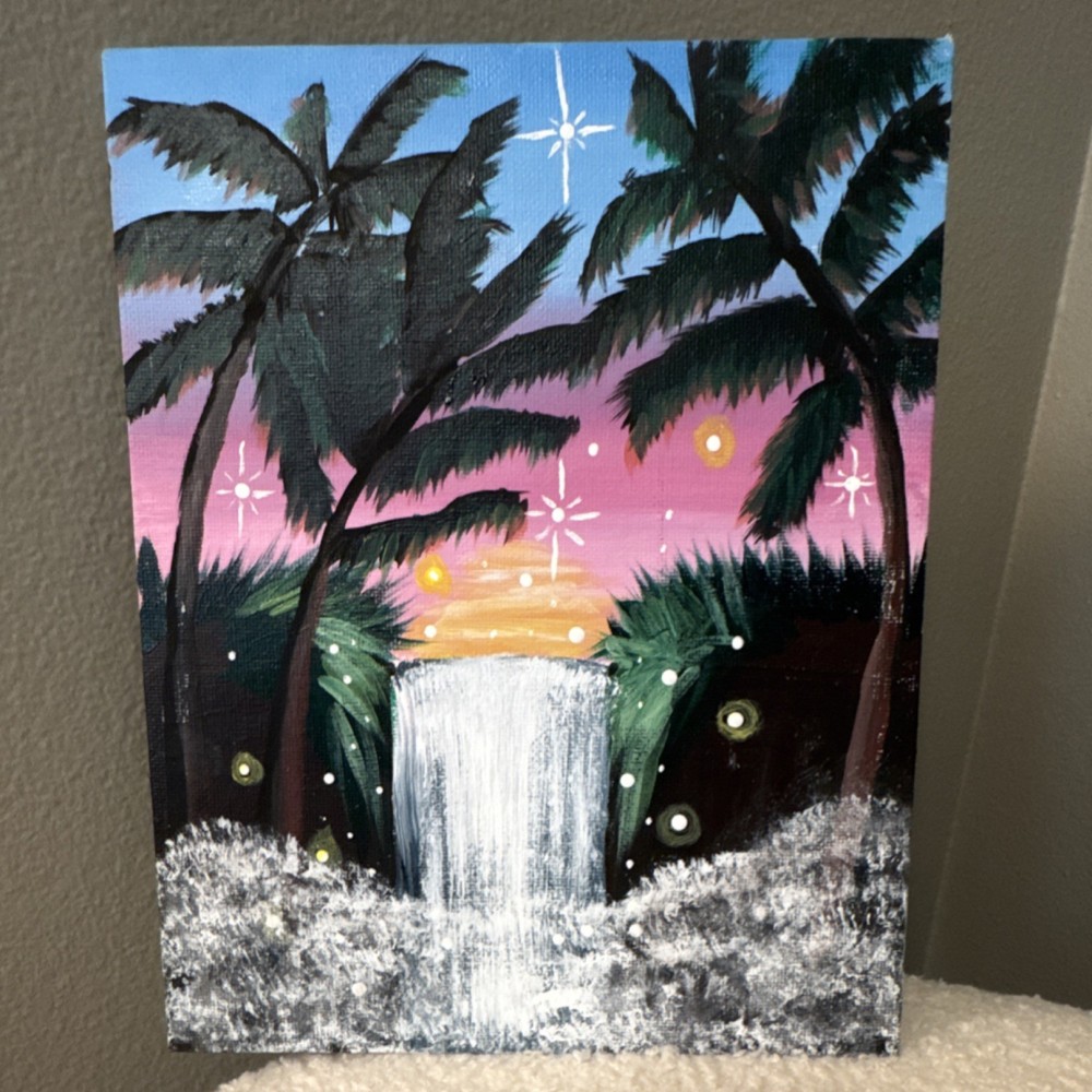 Original Acrylic Painting Waterfall Sunset Palm Trees on Canvas Contemporary Art