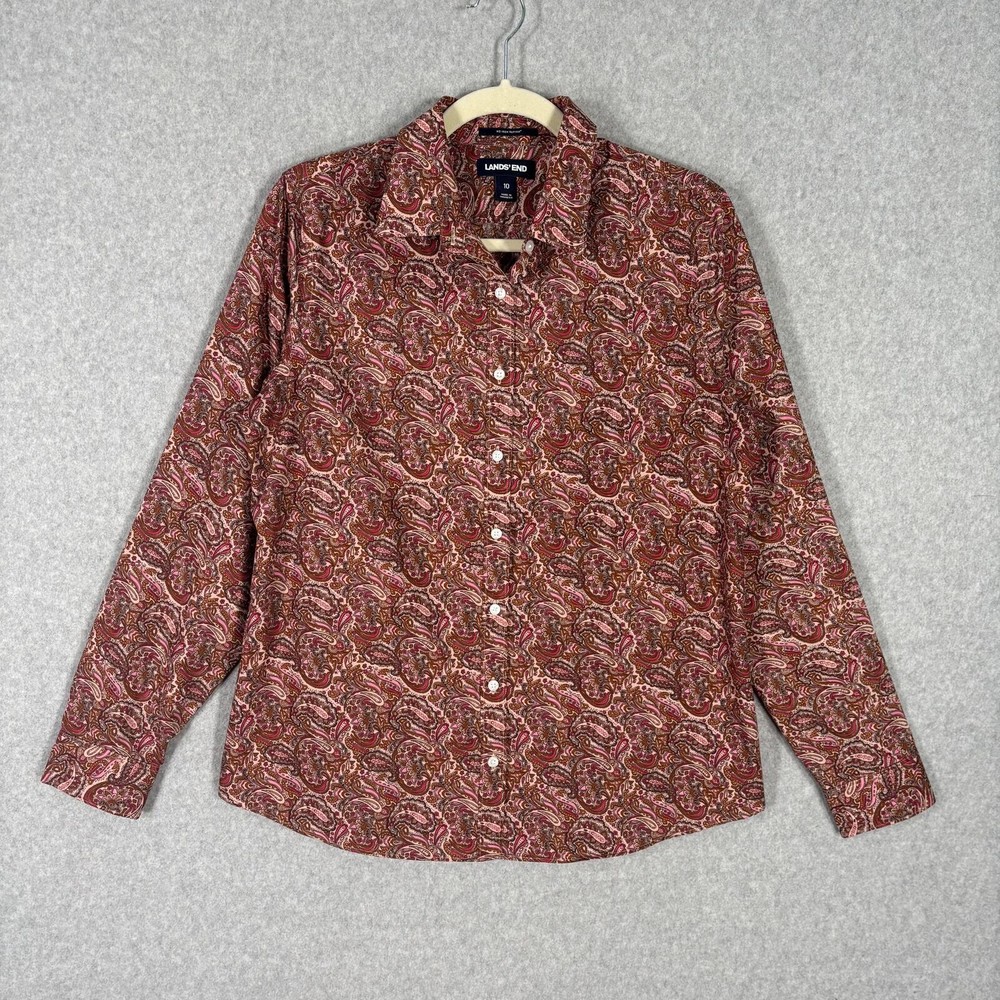 Lands End Shirt Womens Medium 10 Paisley Burgundy No Iron Supima Cotton Button
