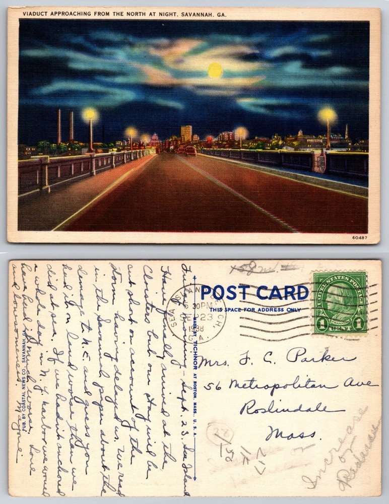 Viaduct Approaching North At Night Savannah GA Postcard