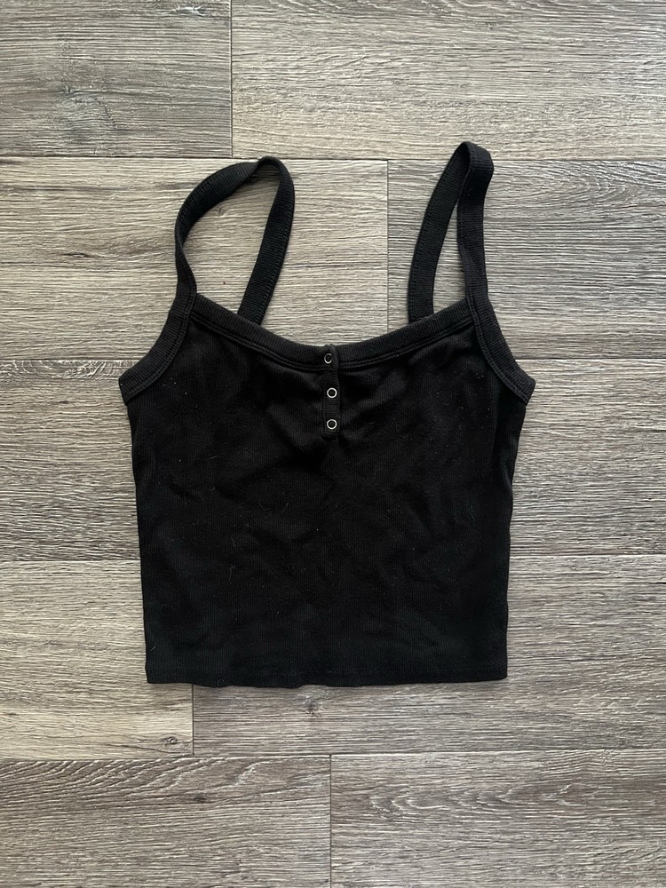 Women's Black Cropped Sleeveless Cotton Tank Top Button Front Size M