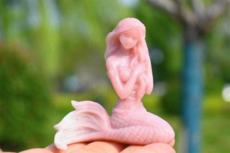 2.6'' Carved Natural Pink Opal Mermaid Reiki Crystal Skull decor Crystal Gift 1x