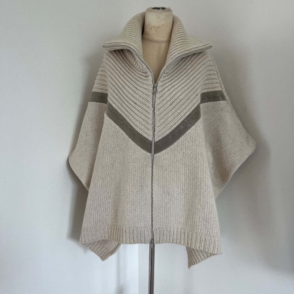 Brunello Cucinelli Beige Zip Up Cashmere Knit Poncho