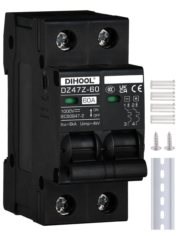 60 Amp DC Circuit Breaker DIN Rail Mount Solar Disconnect Switch 2P 1000V