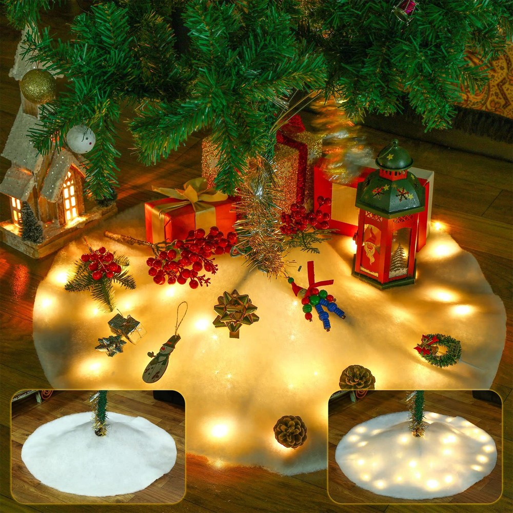 Christmas Tree Skirt with LED Light 30 Inch White Plush Faux Fur Tree Skirts