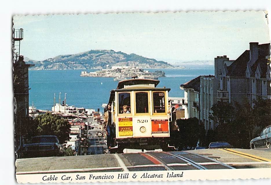 Postcard Cable Car San Francisco Hill & Alcatraz Island San Francisco CA USA
