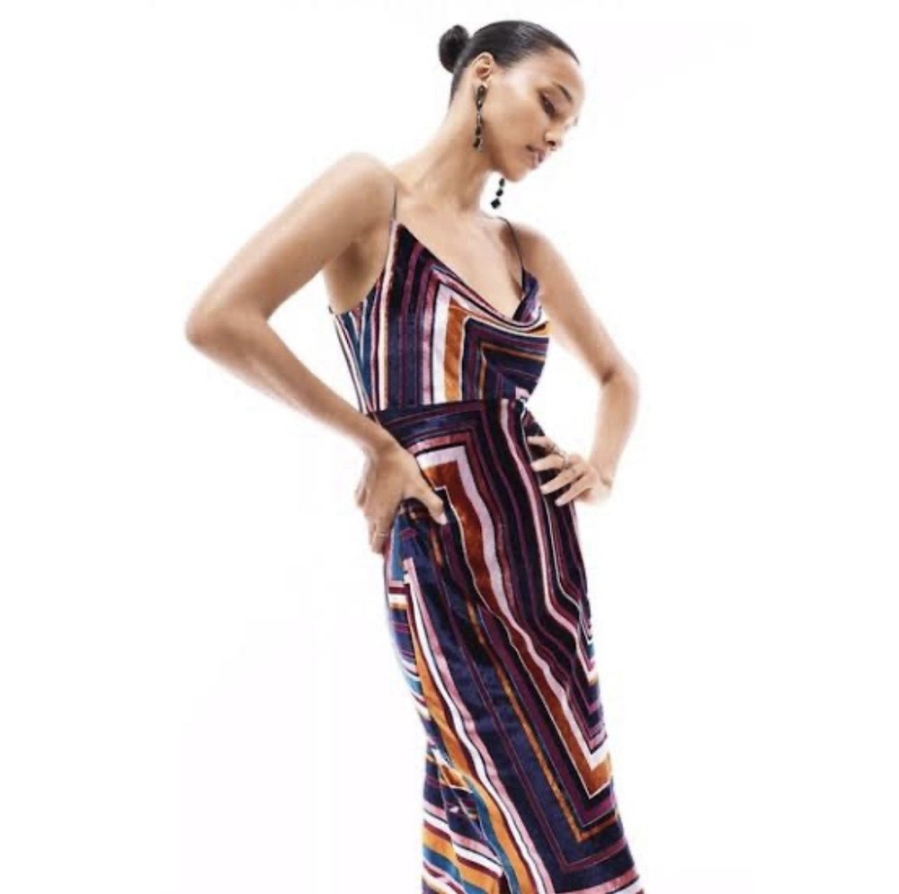 By Anthropologie Tina Multicoloured Geometric Velvet Midi Dress Sz S