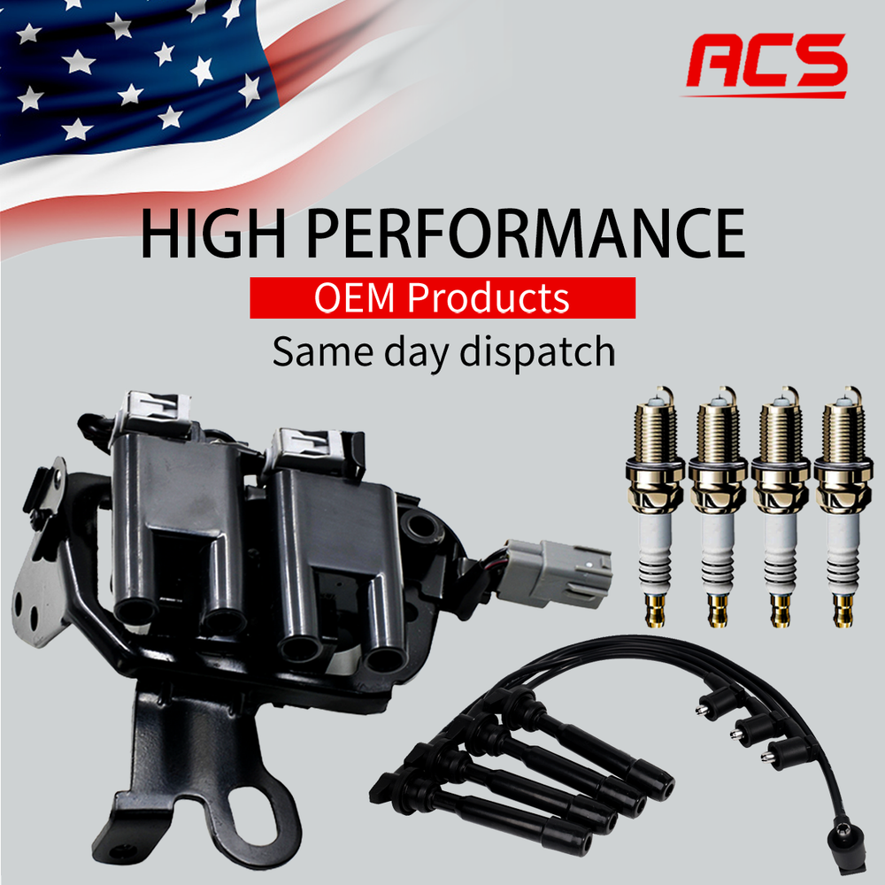 OEM Ignition Coil & 4X Iridium Spark Plugs & 4X Wires For Hyundai Kia 2.0L UF419