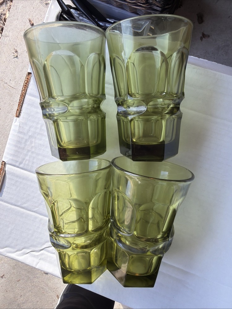 4 Fostoria HFM Henry Ford Museum Argus Green Tumblers Set Vintage MCM Retro Lot