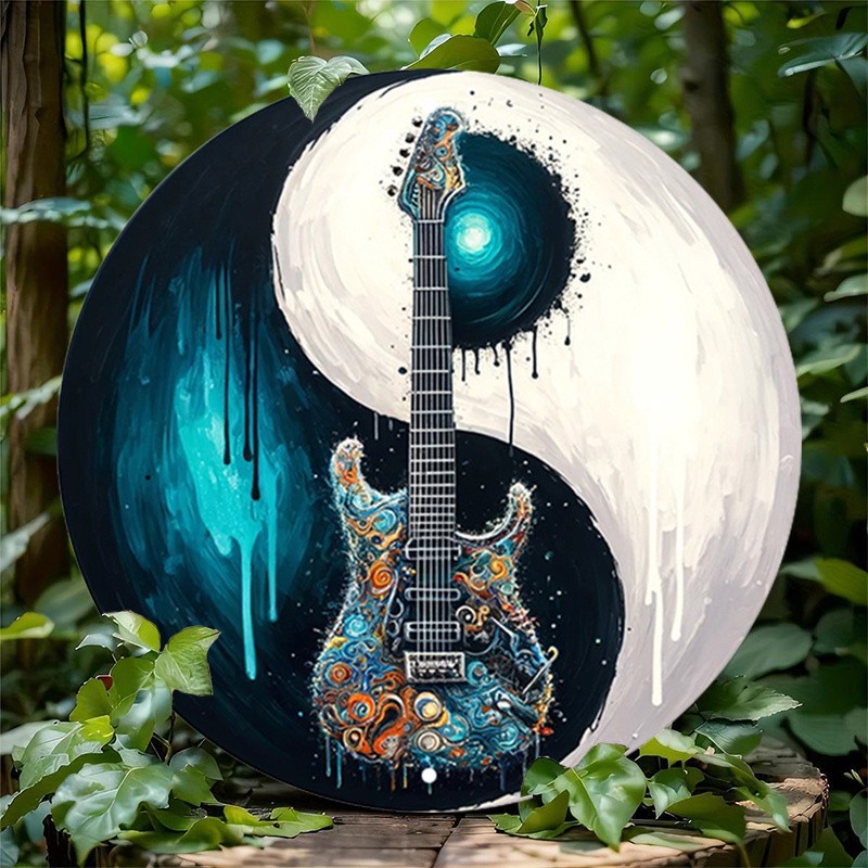 Vintage Guitar Design Round Aluminum Sign Country Music Theme Decor