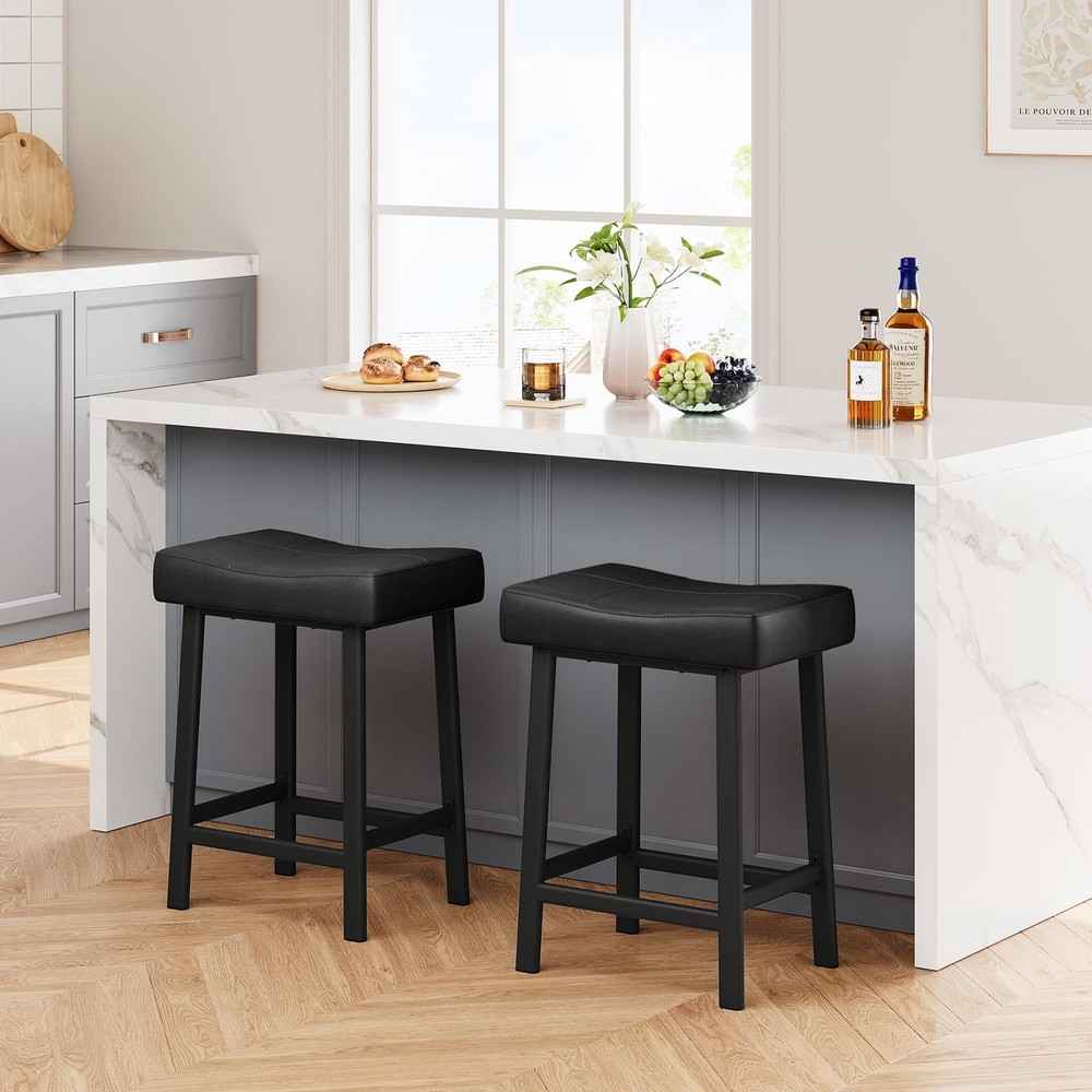 Set of 2 Black Counter Height Stools Bar Stools 24 inch Bar Leather Saddle Stool