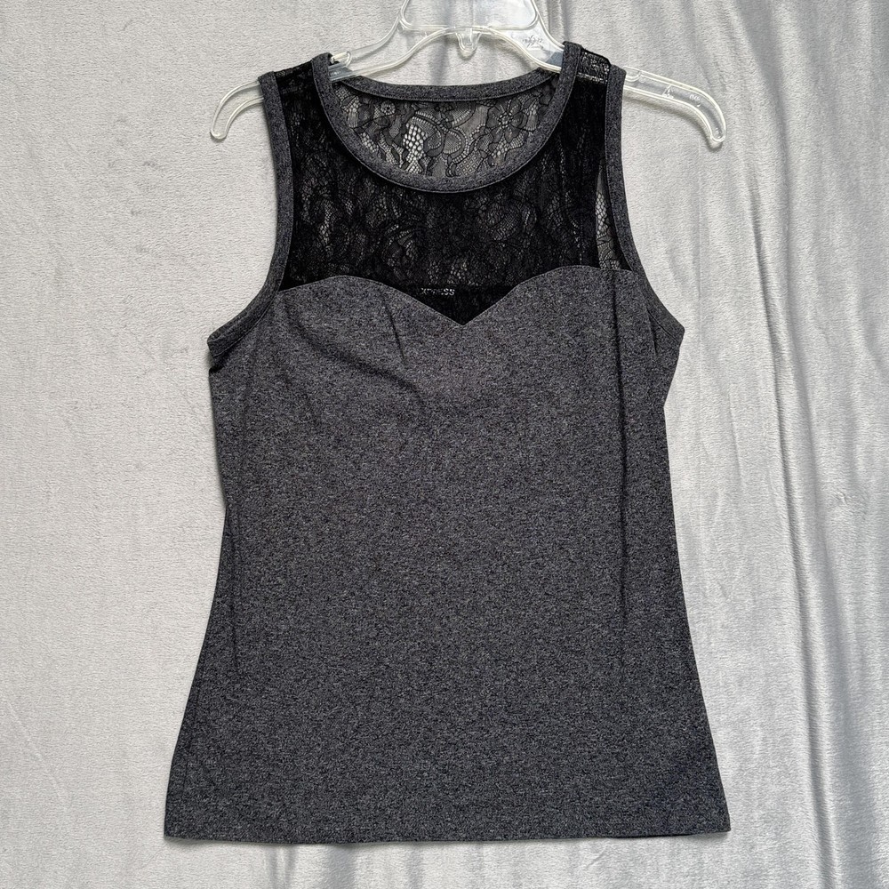 Express Tank Top Womens Medium Heather Gray Black Lace Yoke Sleeveless Stretch