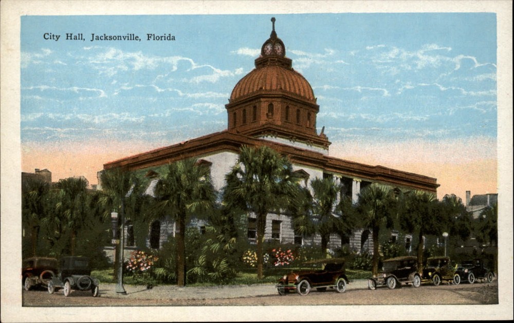 City Hall ~ Jacksonville Florida FL ~ antique cars ~ 1920s vintage postcard