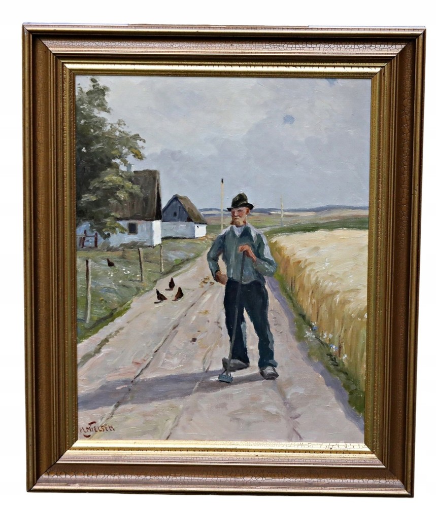 Marius Nielsen Farmhouse Path Oil Painting Signed Framed Landscape