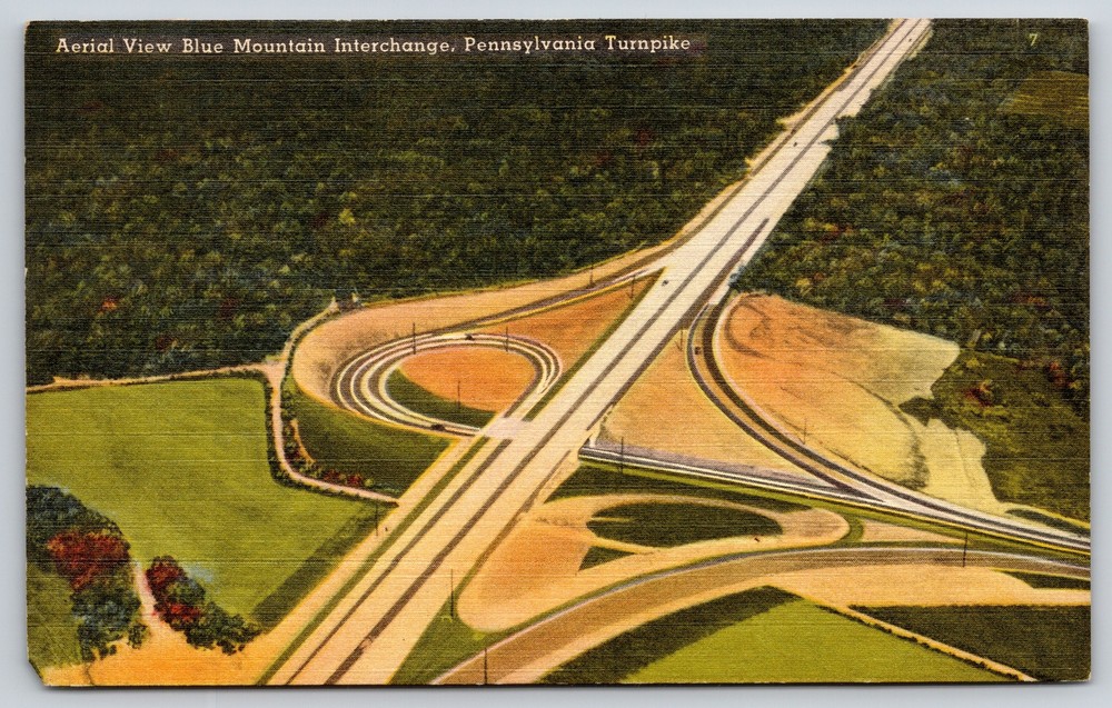Linen~Air View Blue Mountain Interchange Pennsylvania Turnpike~Vintage Postcard