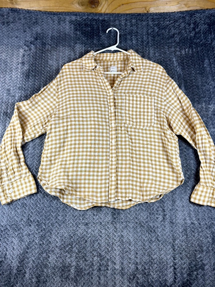 Maeve By Anthropologie Shrunken Bennet Shirt Womens S Beige Gingham Button Down