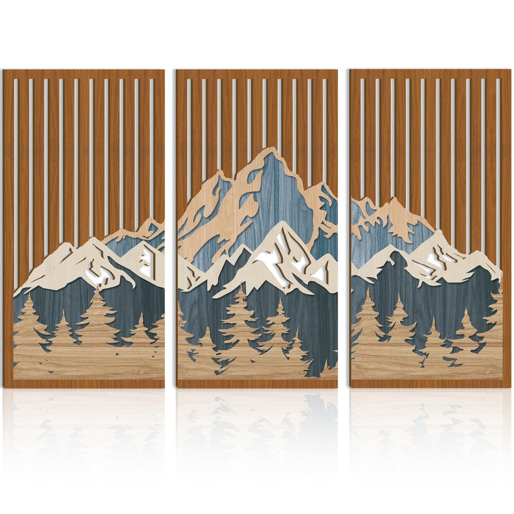 Large Wood Mountain Wall Art Abstract Snow Mountain Forest Wall Decor 3 Piece...-image