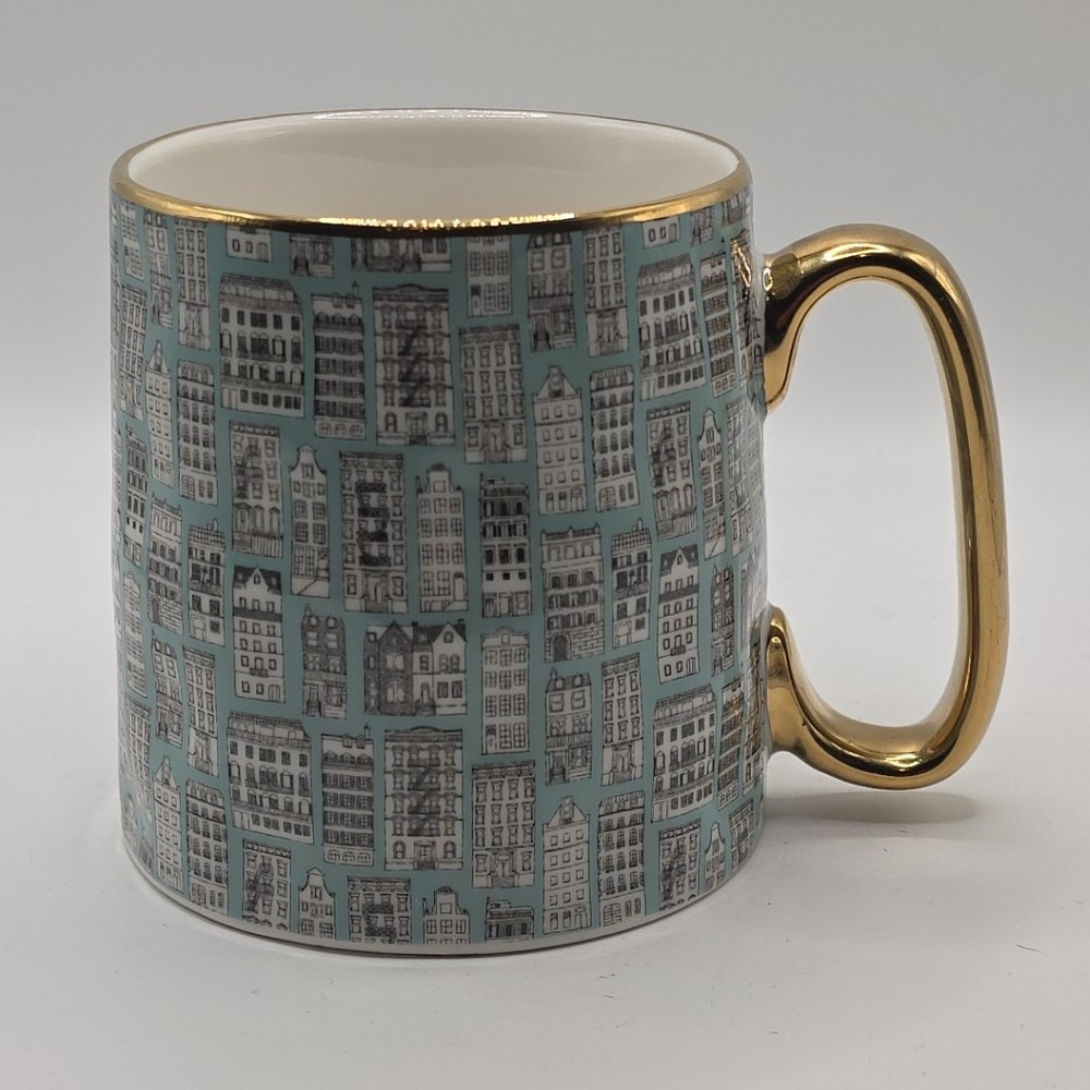 Bella 10 Strawberry Street  Blue Gold Trim Coffee Mug Big City NYC Skyscrapers