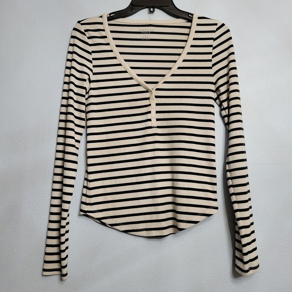 American Eagle Women's Striped Henley Ribbed Long Sleeve Top M Preppy Bella Swan