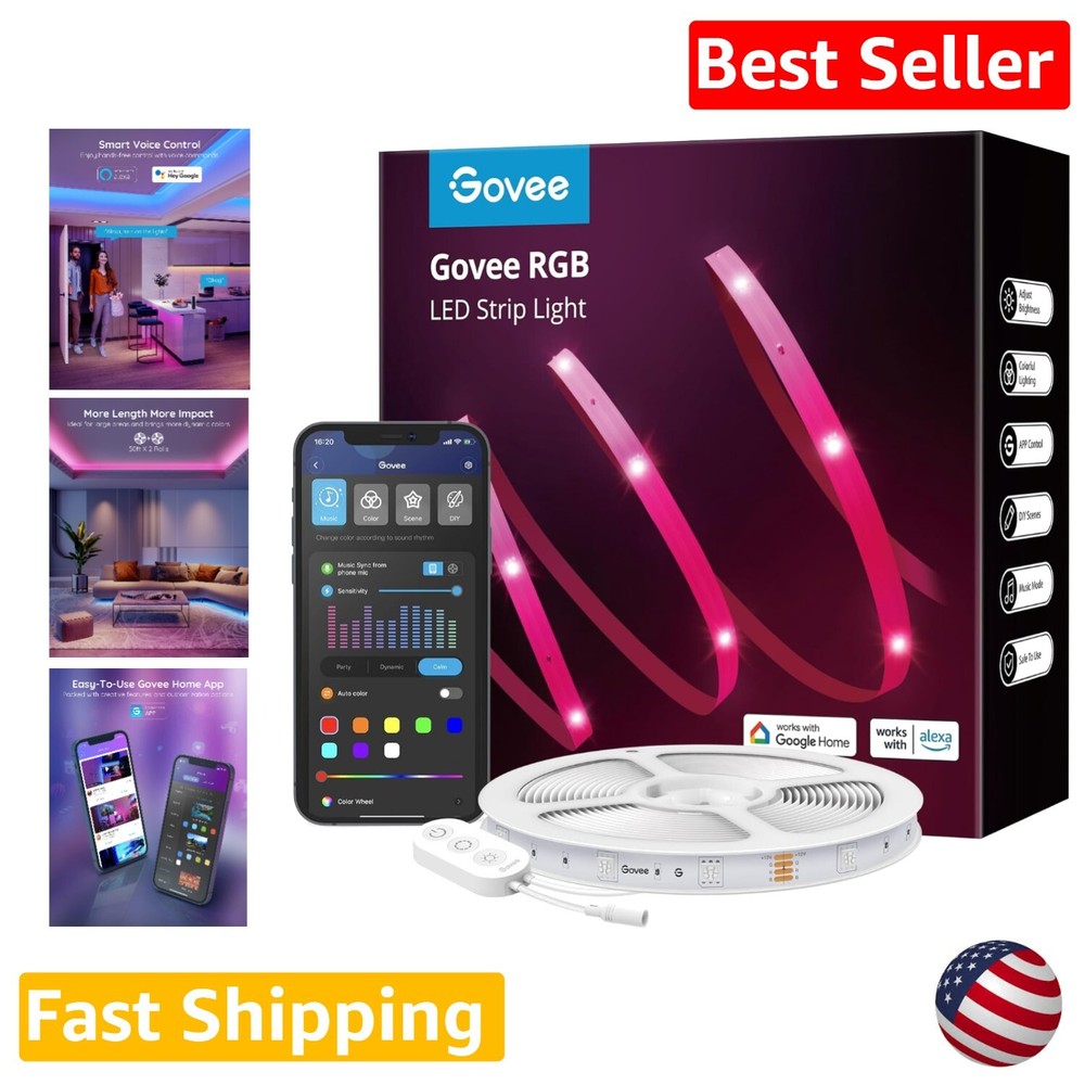 100ft WiFi RGB LED Strip Lights - Color Changing Light Strip with Music Sync