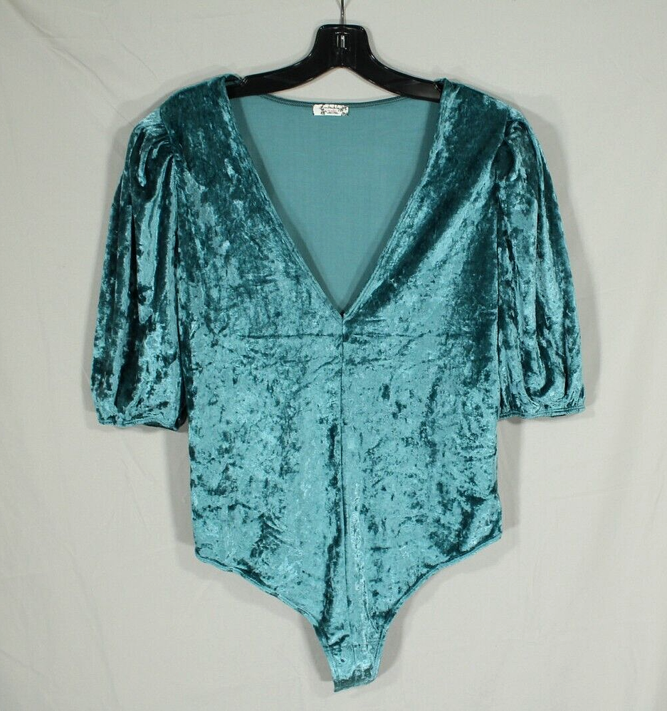 INTIMATELY FREE PEOPLE Green DON'T YOU WISH VELVET Deep-V SNAP BODYSUIT/TOP Sz L