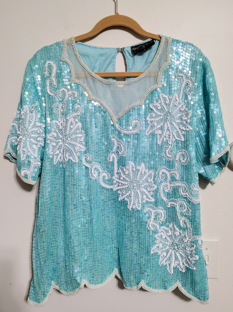 Vtg Royal Feelings L Sea Foam  White Floral Sequin Beaded Silk Short Sleeve